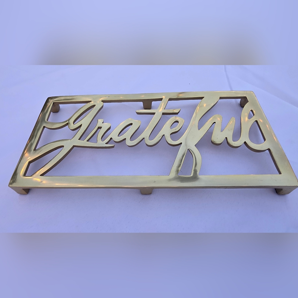 Gold “Grateful” Metal Trivet | Footed Brass-Tone Table Decor